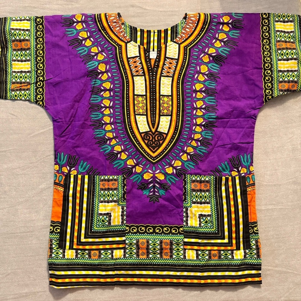 African Dashiki Mens‎ Medium Purple Tribal Print Cotton Boho Festival Shirt AOP